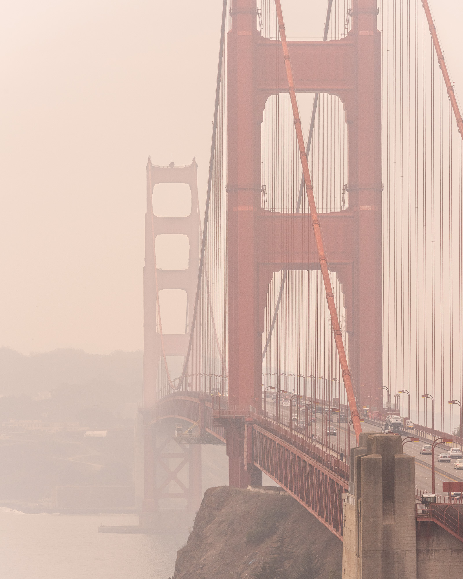 Golden Gate Bridge from Marin Headlands in Camp Fire smoke