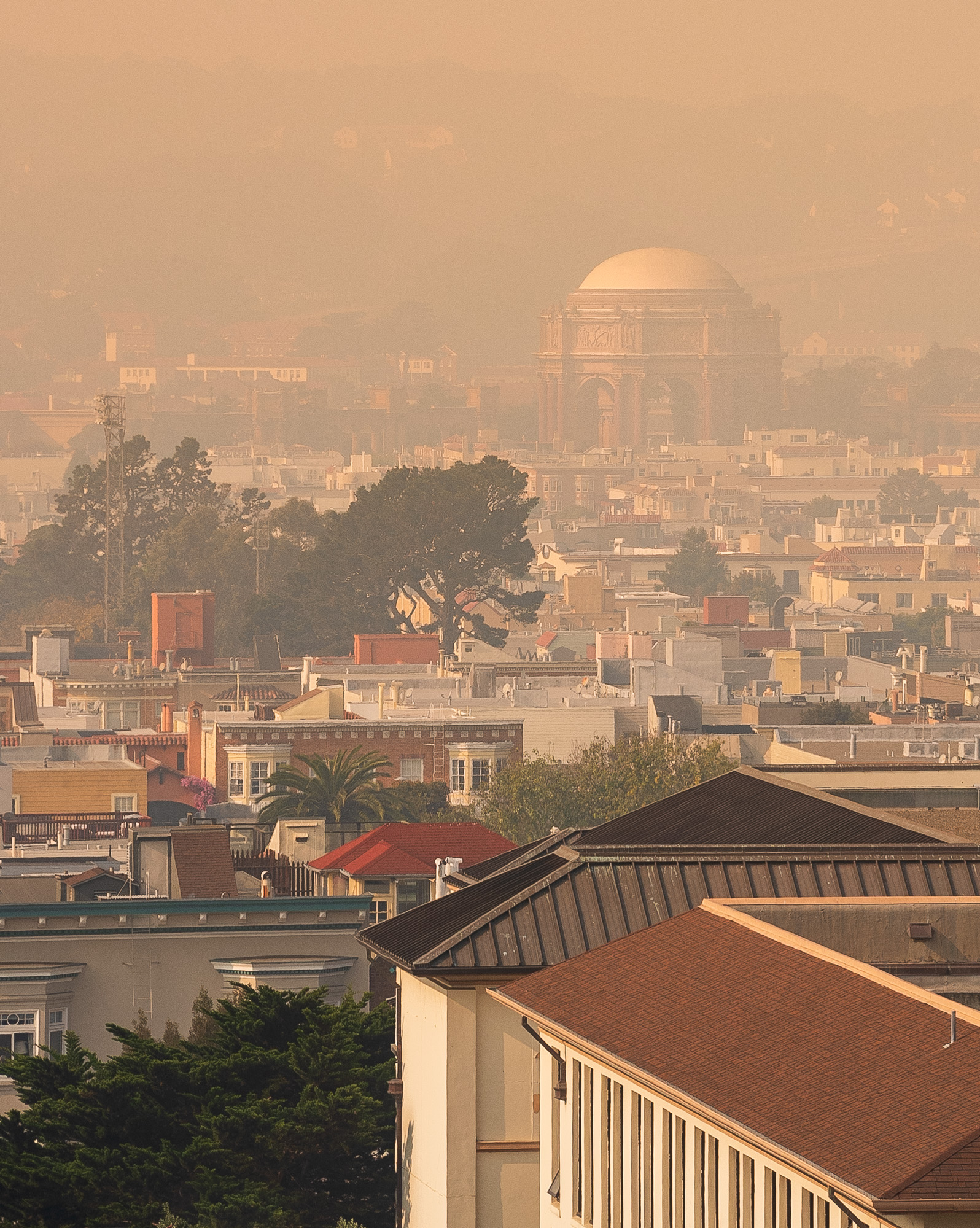 Palace of Fine Arts in Camp Fire smoke